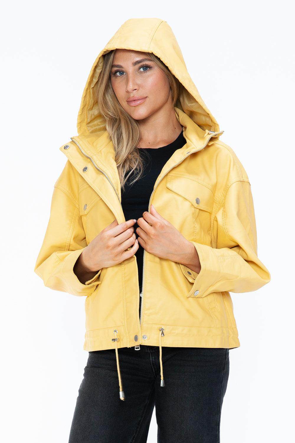 How Dare U Drawstring Hem PU Leather Zip Up Jacket for Women - Selvanelle
