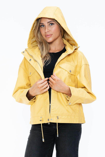 How Dare U Drawstring Hem PU Leather Zip Up Jacket for Women - Selvanelle