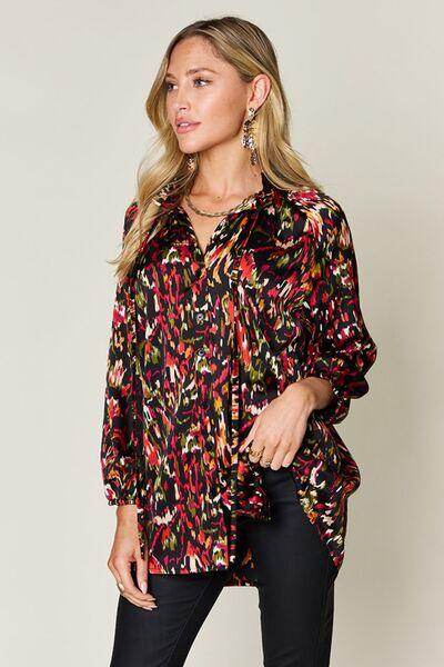 Double Take Full Size Printed Button Up Long Sleeve Shirt - Selvanelle
