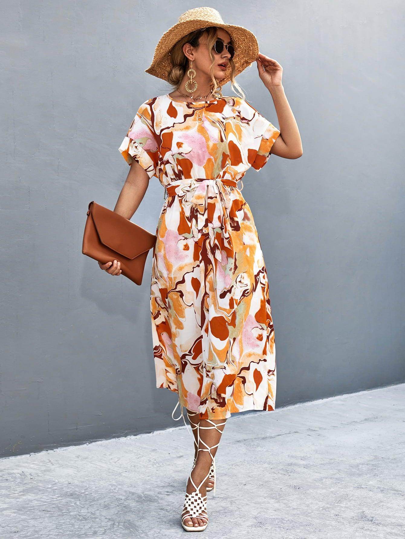 Round Neck Short Sleeve Tie Waist Midi Dress for Women - Selvanelle