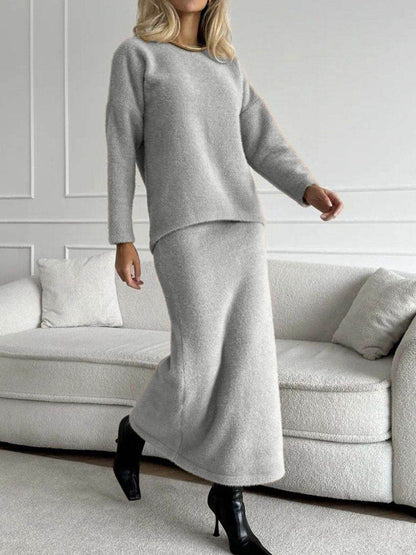 Round Neck Dropped Shoulder Top and Midi Skirt Sweater Set - Selvanelle