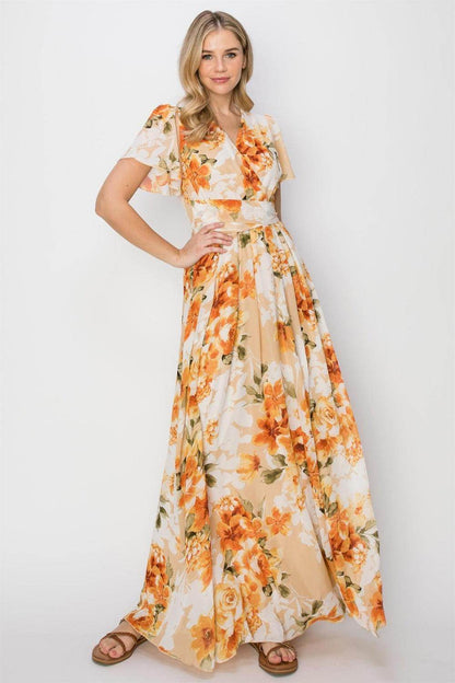 HYFVE Floral Tie Back Short Sleeve Slit Maxi Dress for Women - Selvanelle