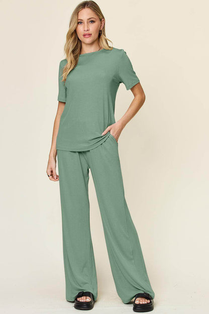 Double Take Full Size Round Neck Short Sleeve T-Shirt Set - Selvanelle