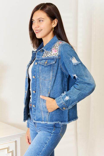 Baeful Leopard Floral Distressed Raw Hem Denim Jacket Women - Selvanelle