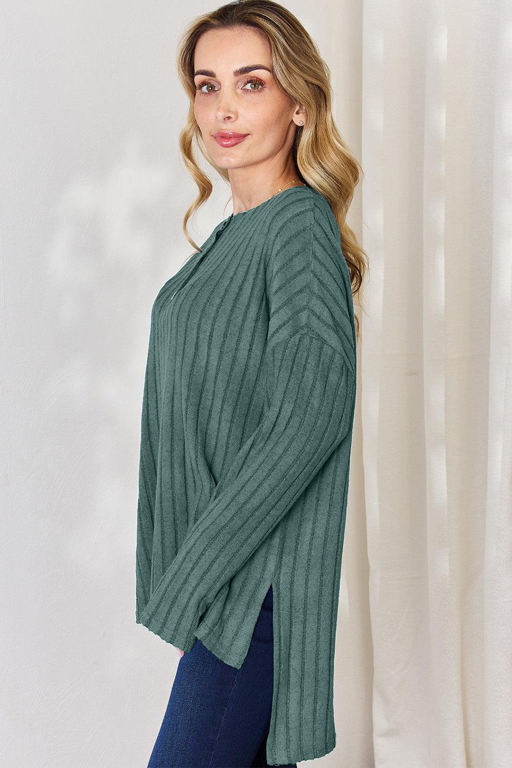 Basic Bae Full Size Ribbed Half Button Long Sleeve T-Shirt