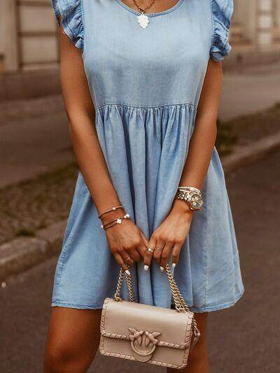 Full Size Ruffled Round Neck Cap Sleeve Denim Dress for Women - Selvanelle