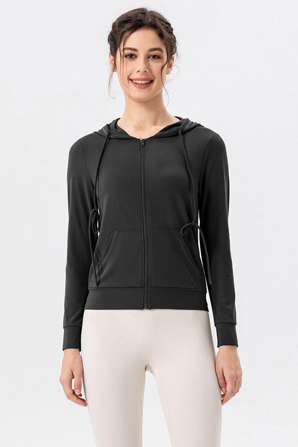 Drawstring Zip Up Hooded Active Outerwear for Women - Selvanelle