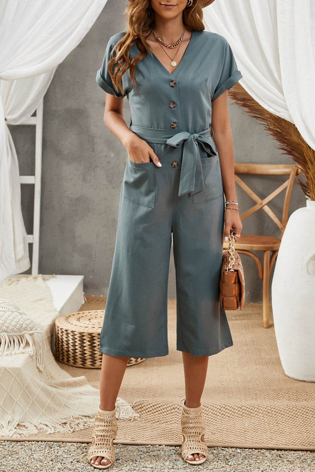 Tie-Waist Buttoned Cropped Jumpsuit - Selvanelle