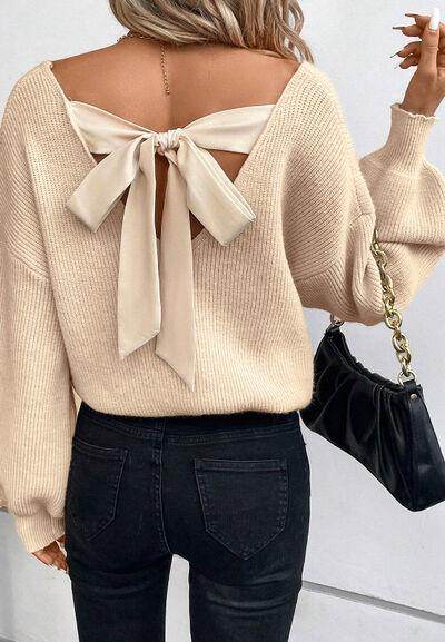 Tied Back V-Neck Long Sleeve Sweater for Women Fashion - Selvanelle