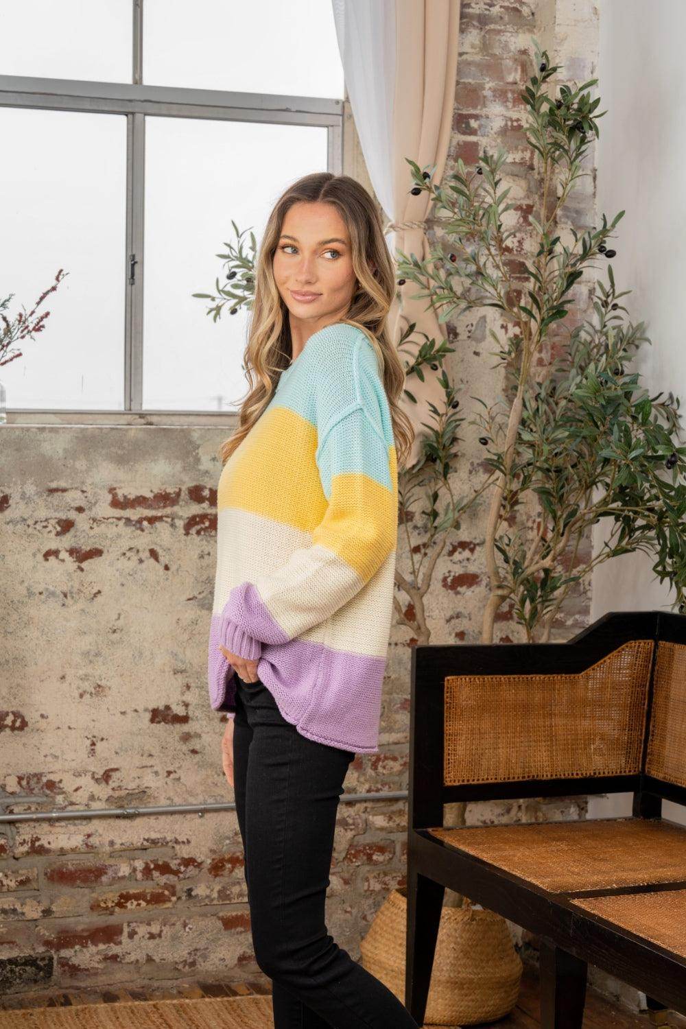 Sew In Love Full Size Color Block Exposed Seam Sweater - Selvanelle