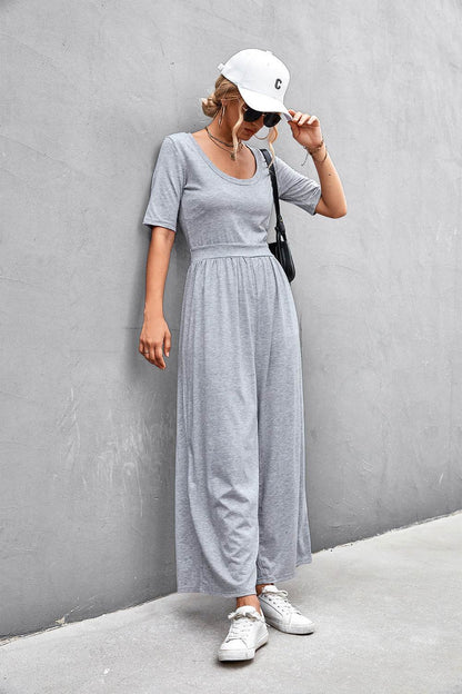 Scoop Neck Half Sleeve Wide Leg Jumpsuit - Selvanelle