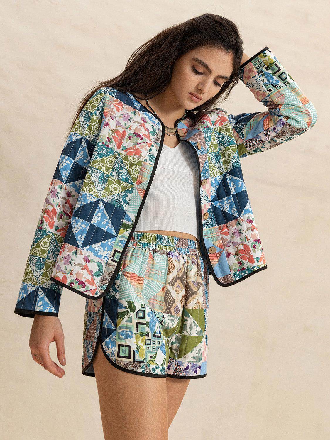 Printed Button Up Long Sleeve Outerwear and Shorts Set - Selvanelle