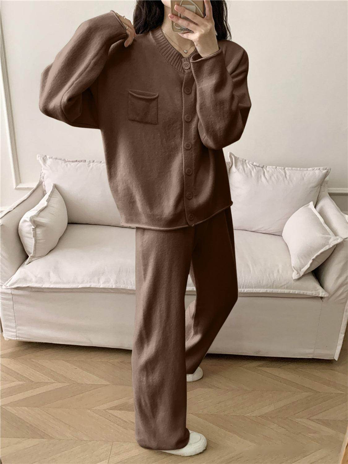 Pocketed Round Neck Button Up Cardigan and Pants Sweater Set - Selvanelle
