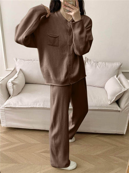 Pocketed Round Neck Button Up Cardigan and Pants Sweater Set - Selvanelle