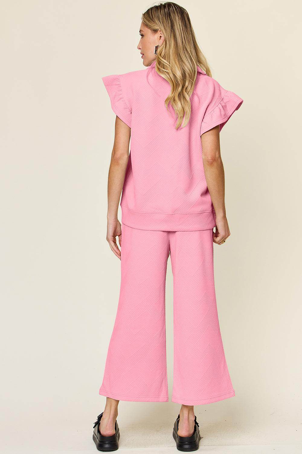 Double Take Texture Ruffle Short Sleeve Top and Pants Set - Selvanelle