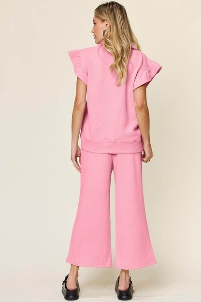 Double Take Texture Ruffle Short Sleeve Top and Pants Set - Selvanelle