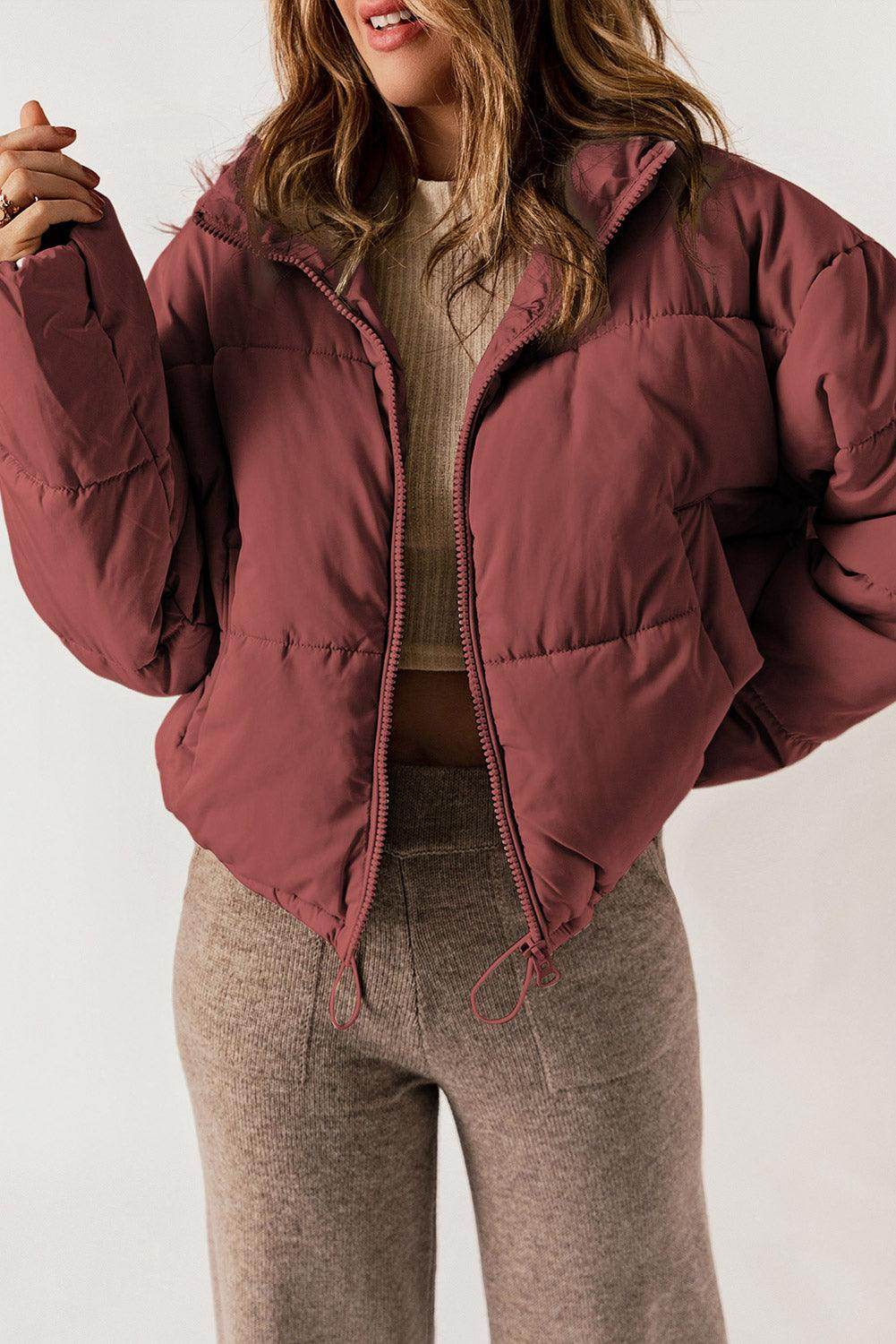 Zip Up Collared Neck Long Sleeve Winter Coat for Women - Selvanelle