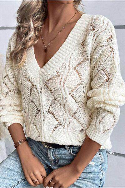 Openwork V-Neck Long Sleeve Sweater for Women Fashion - Selvanelle