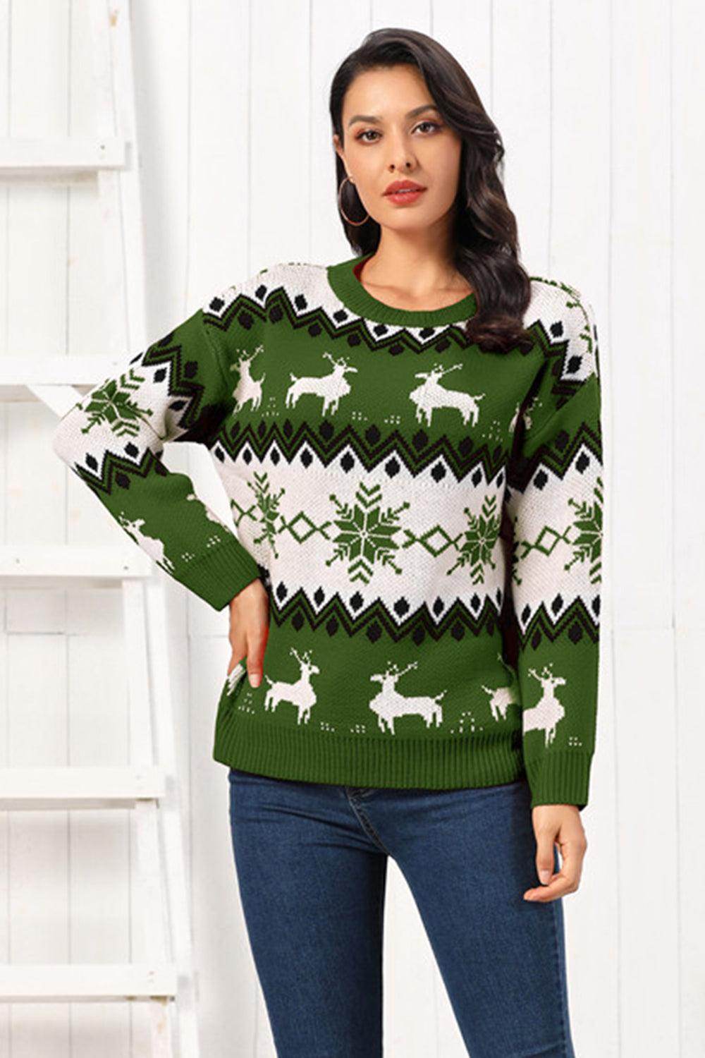 Reindeer Round Neck Sweater for Cozy Winter Style - Selvanelle