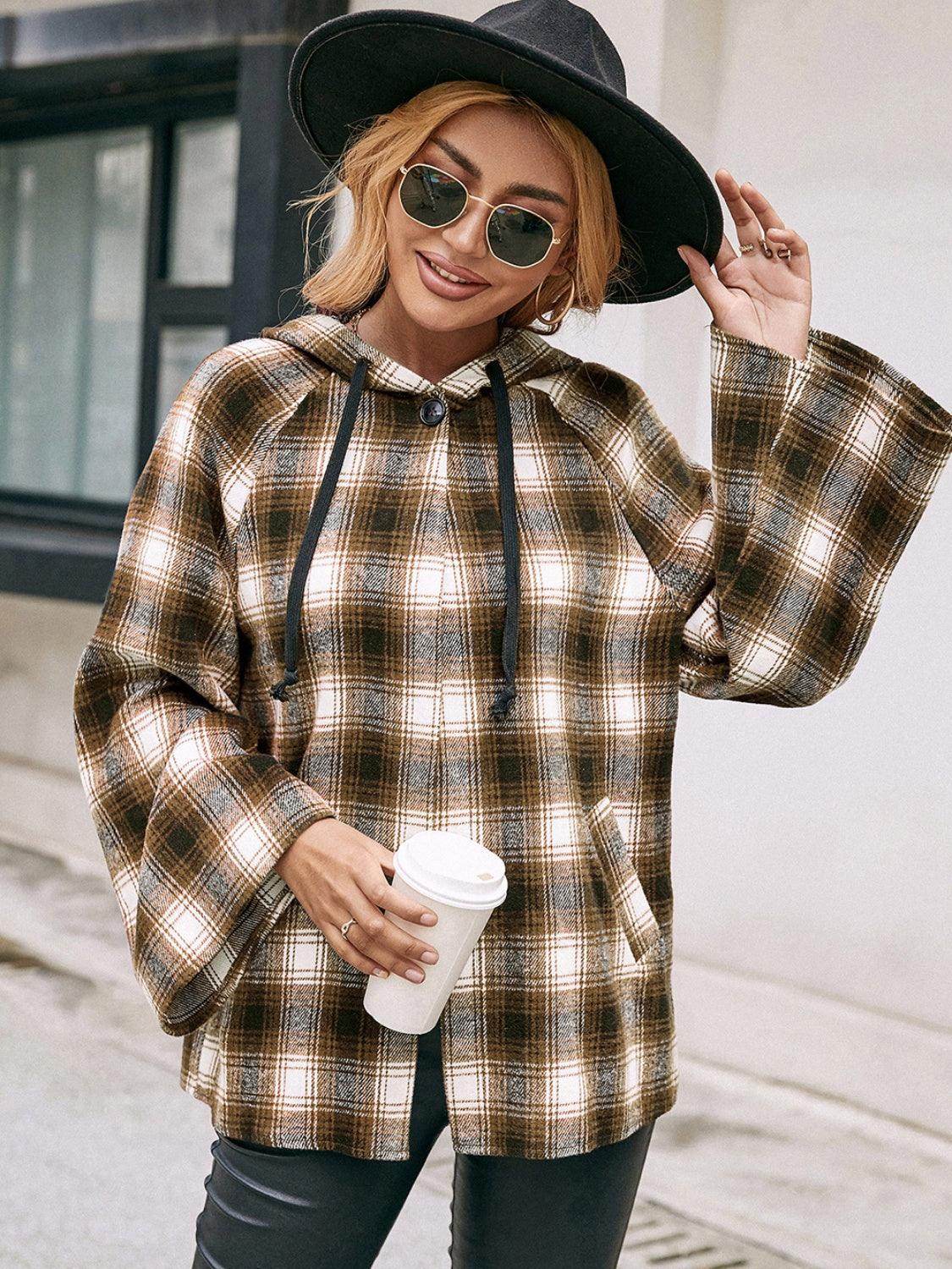 Ivy Lane Pocketed Plaid Long Sleeve Hooded Jacket for Women - Selvanelle