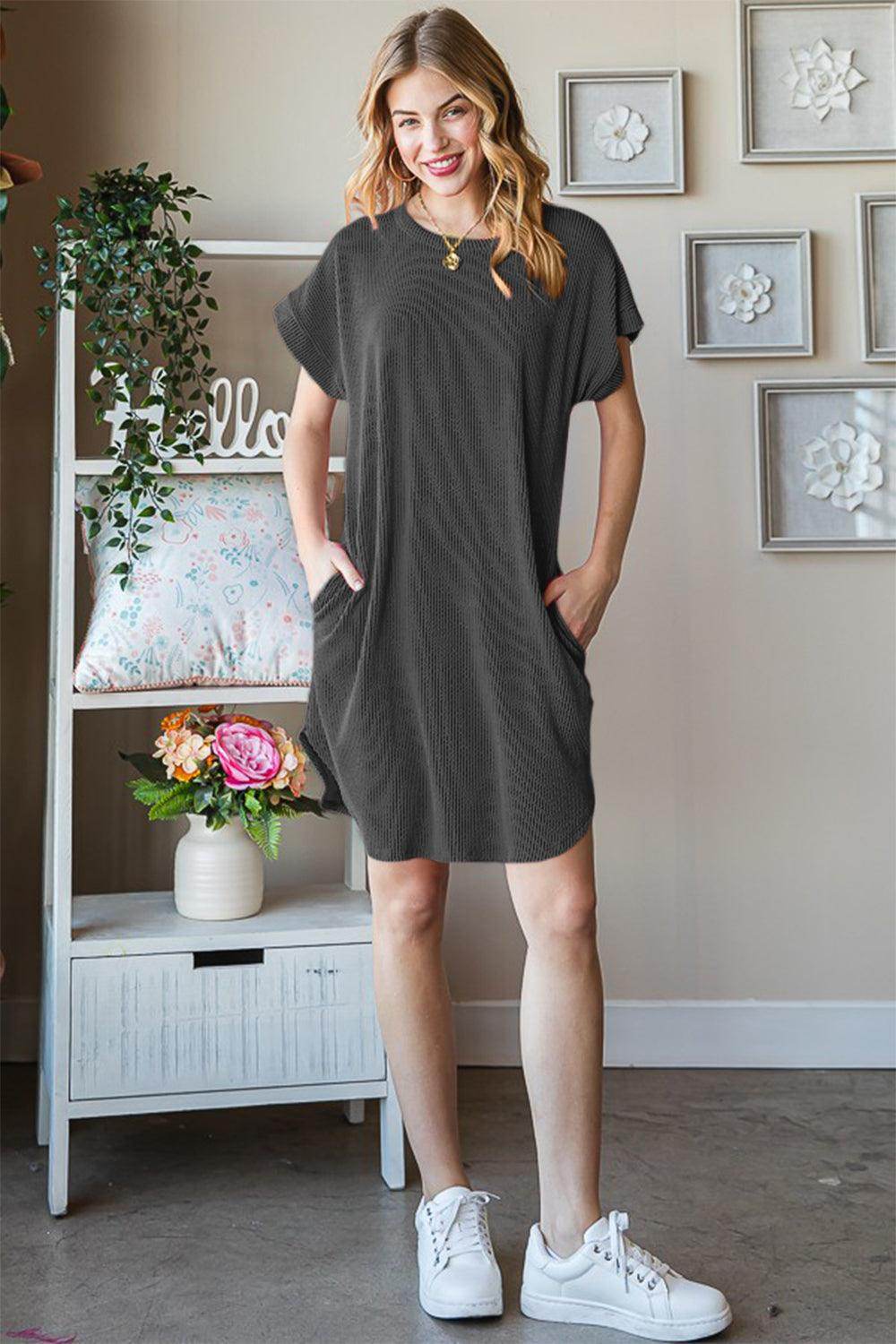 Heimish Full Size Ribbed Round Neck Short Sleeve Tee Dress - Selvanelle