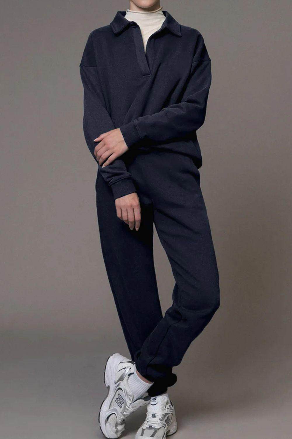 Johnny Collar Long Sleeve Top and Joggers Active Set for All Day Comfort - Selvanelle