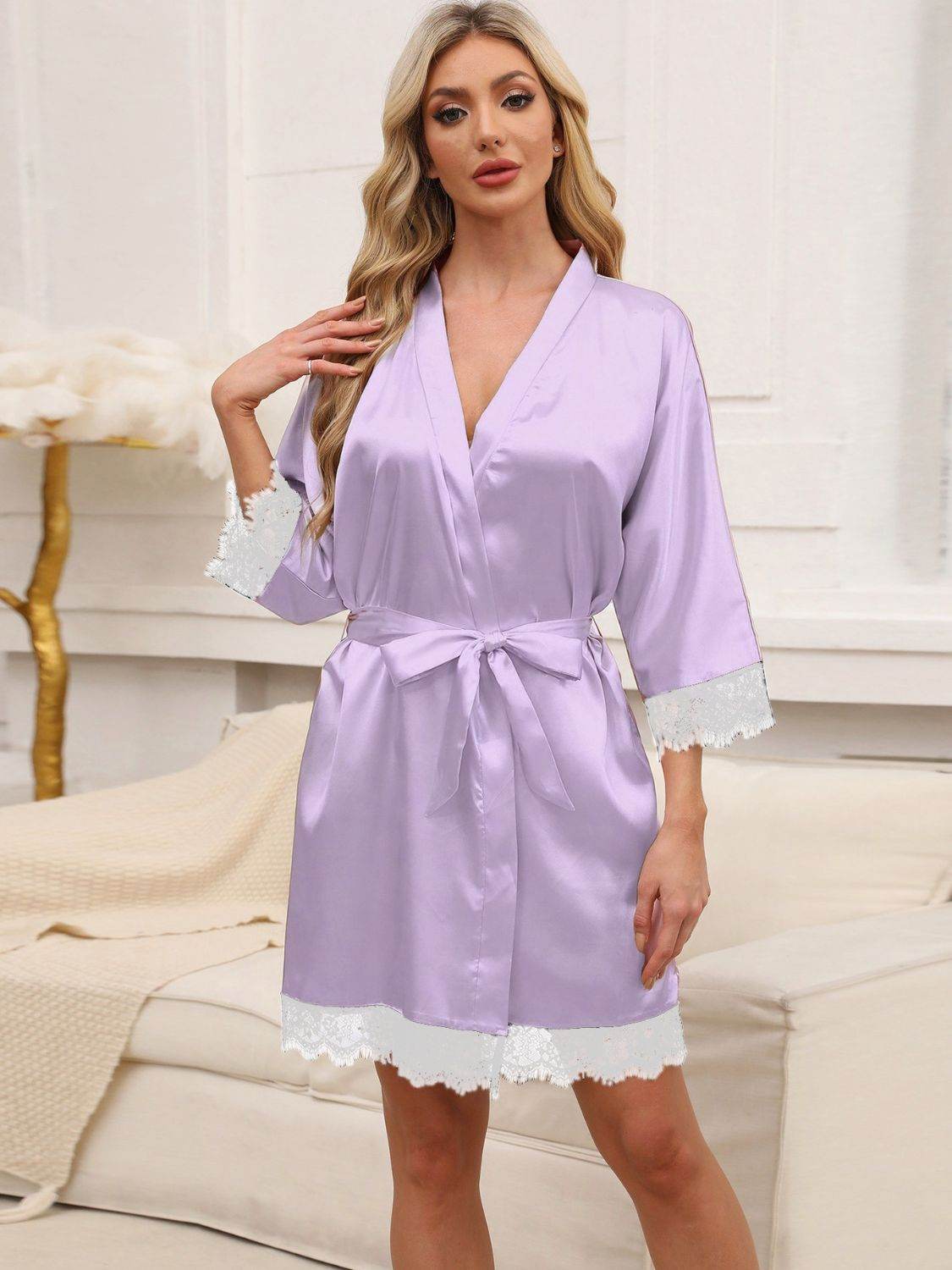 Tied Lace Detail Three-Quarter Sleeve Lounge Nightgown - Selvanelle