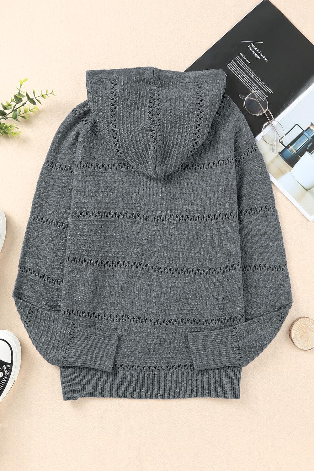 Zip-Up Raglan Sleeve Openwork Hooded Cardigan for Women