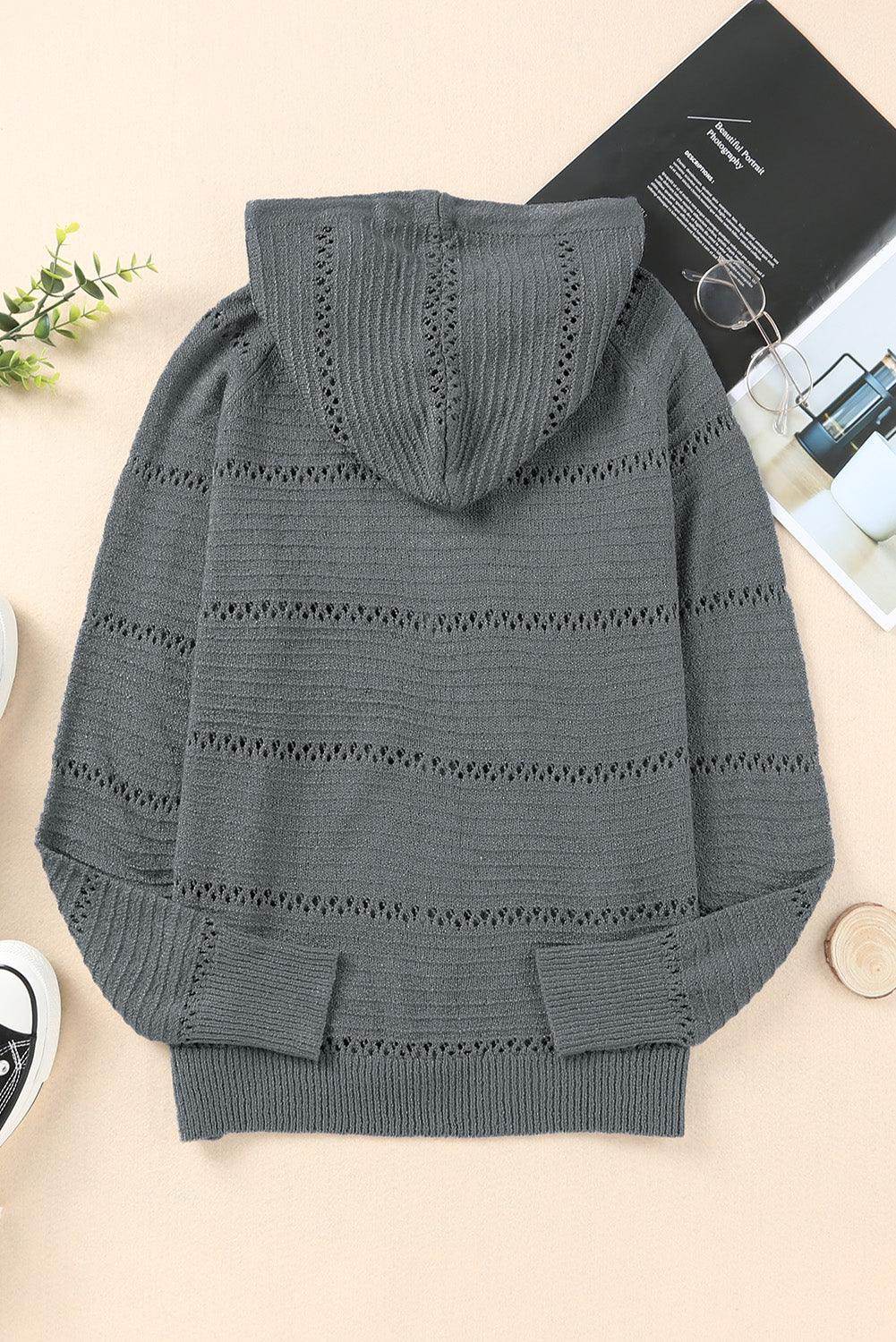 Zip-Up Raglan Sleeve Openwork Hooded Cardigan for Women - Selvanelle
