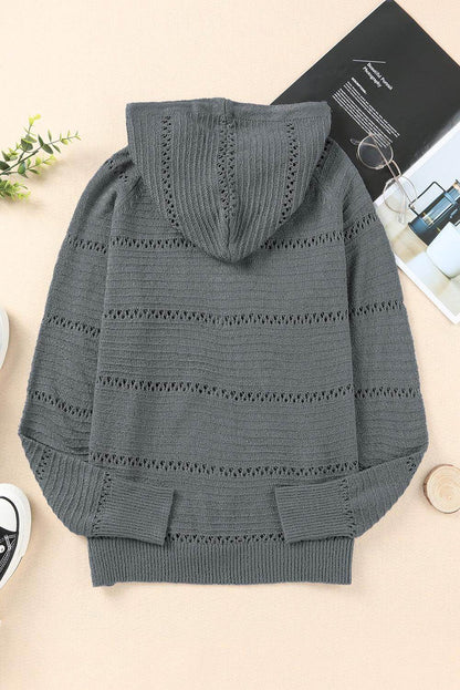 Zip-Up Raglan Sleeve Openwork Hooded Cardigan for Women - Selvanelle