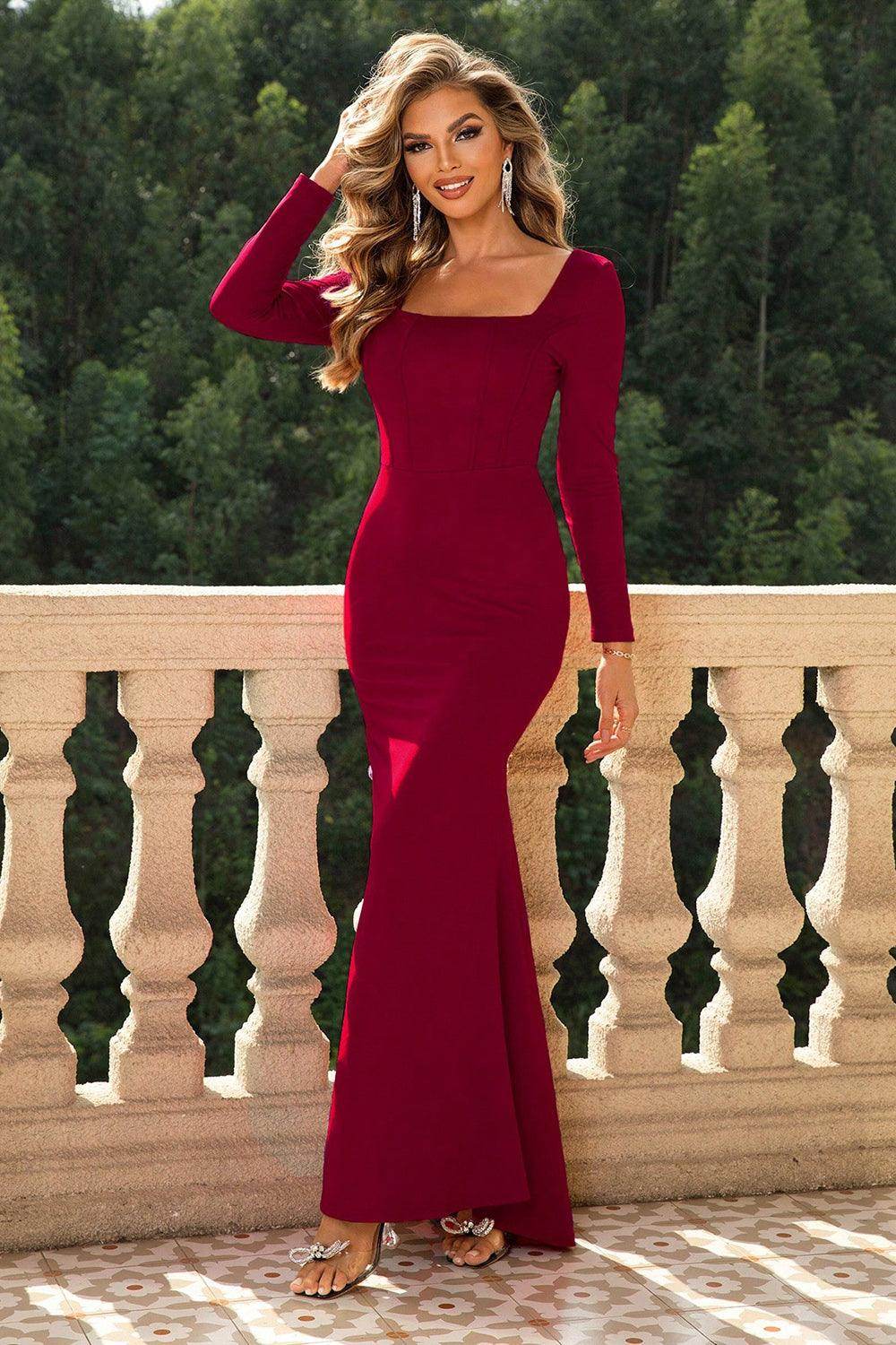 Stylish Square Neck Long Sleeve Dress for Women - Selvanelle
