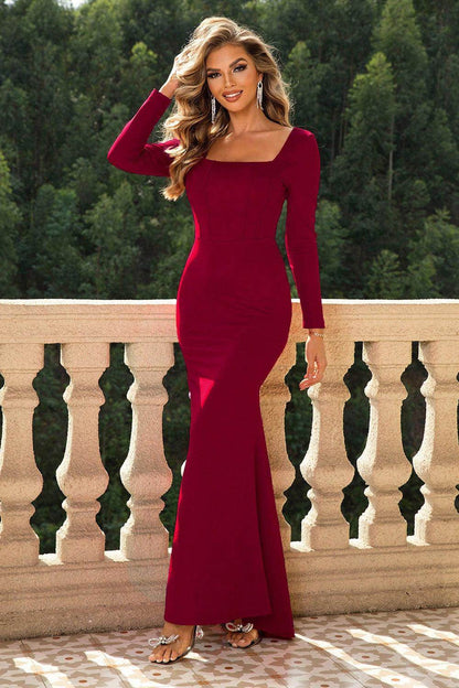 Stylish Square Neck Long Sleeve Dress for Women - Selvanelle