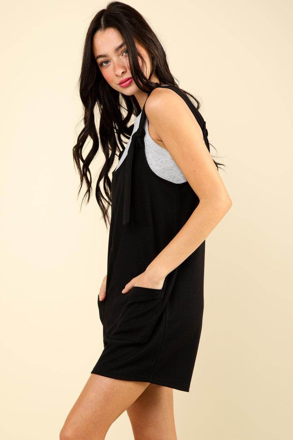 Very J Tie Shoulder Front Pocket Romper for Women - Selvanelle