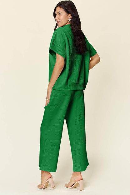 Double Take Full Size Texture Half Zip Short Sleeve Top Set - Selvanelle
