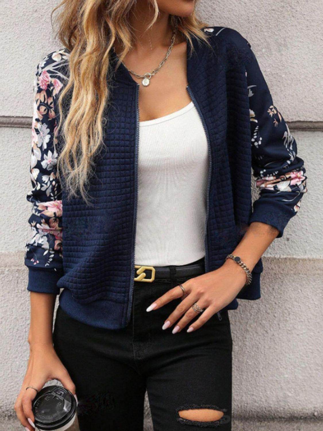 Printed Zip Up Long Sleeve Jacket for Stylish Comfort - Selvanelle