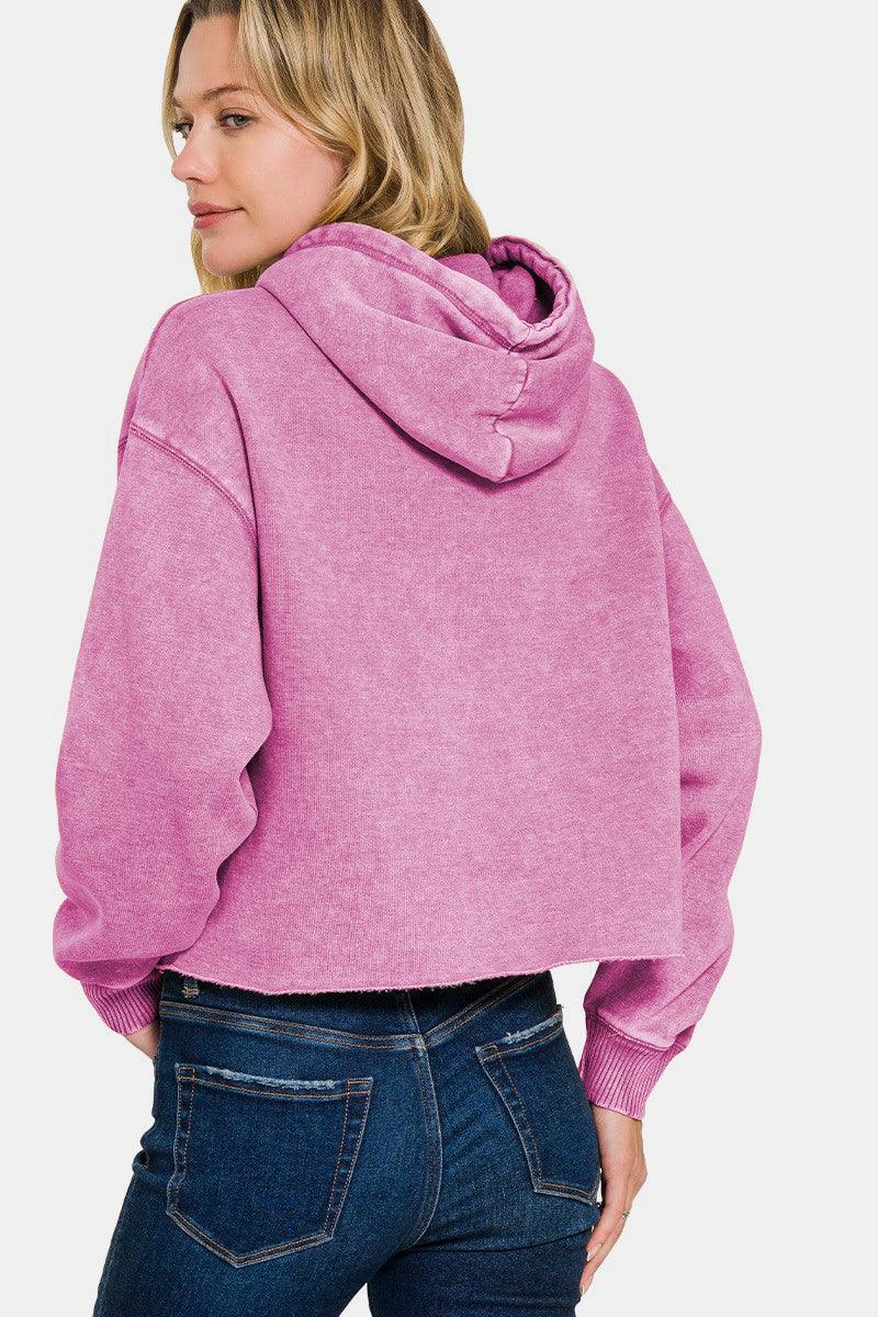 Zenana Acid Wash Fleece Cropped Hoodie for Trendy Style