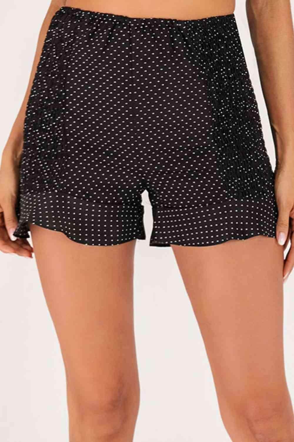 Polka Dot Smocked Ruffle Hem Shorts for Casual Style - Selvanelle