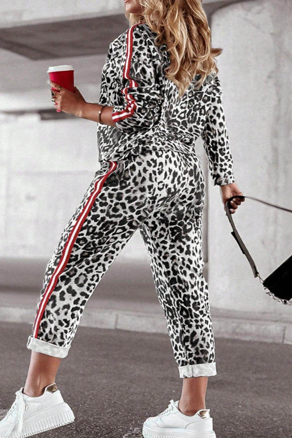 Plus Size Leopard Round Neck Top and Pants Set for Women - Selvanelle
