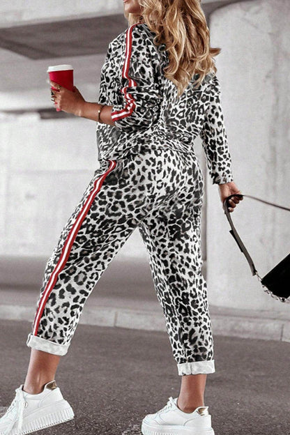 Plus Size Leopard Round Neck Top and Pants Set for Women - Selvanelle