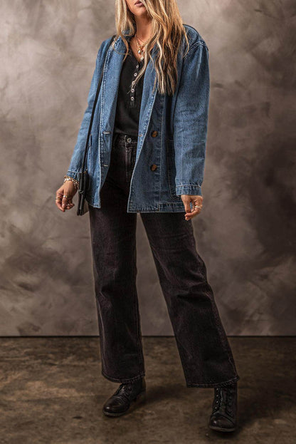 Pocketed Long Sleeve Denim Jacket for Women Stylish Fit - Selvanelle