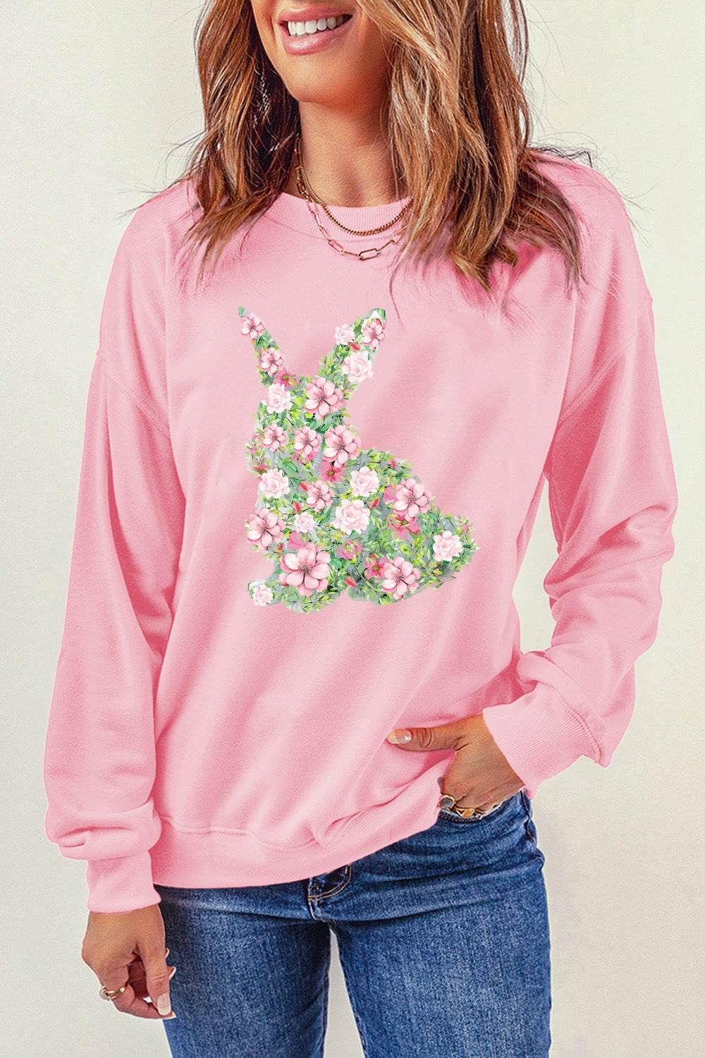 Floral Bunny Round Neck Long Sleeve Sweatshirt - Selvanelle