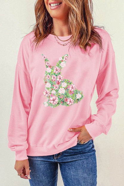 Floral Bunny Round Neck Long Sleeve Sweatshirt - Selvanelle