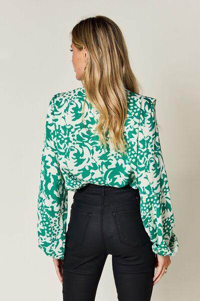Double Take Full Size Printed Ruffle Trim Balloon Sleeve Shirt - Selvanelle