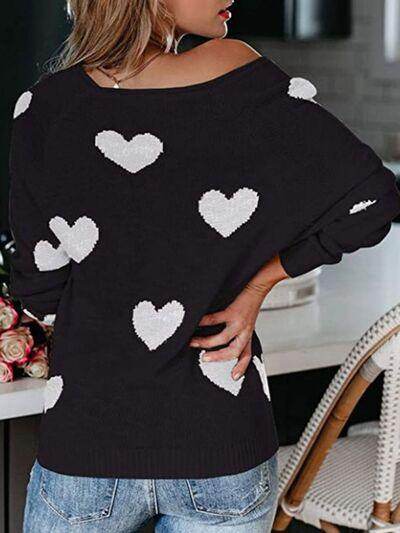 Heart Scoop Neck Long Sleeve Sweater for Women Cozy Style - Selvanelle