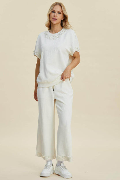 Double Take Full Size Pearl Detail Round Neck Top Pants Set - Selvanelle