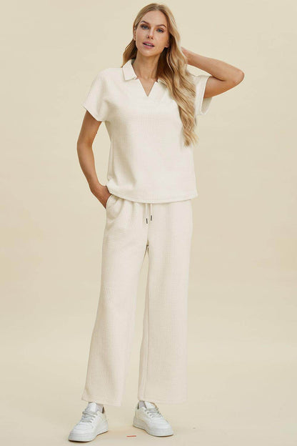 Double Take Full Size Collared Neck Short Sleeve Top Set - Selvanelle