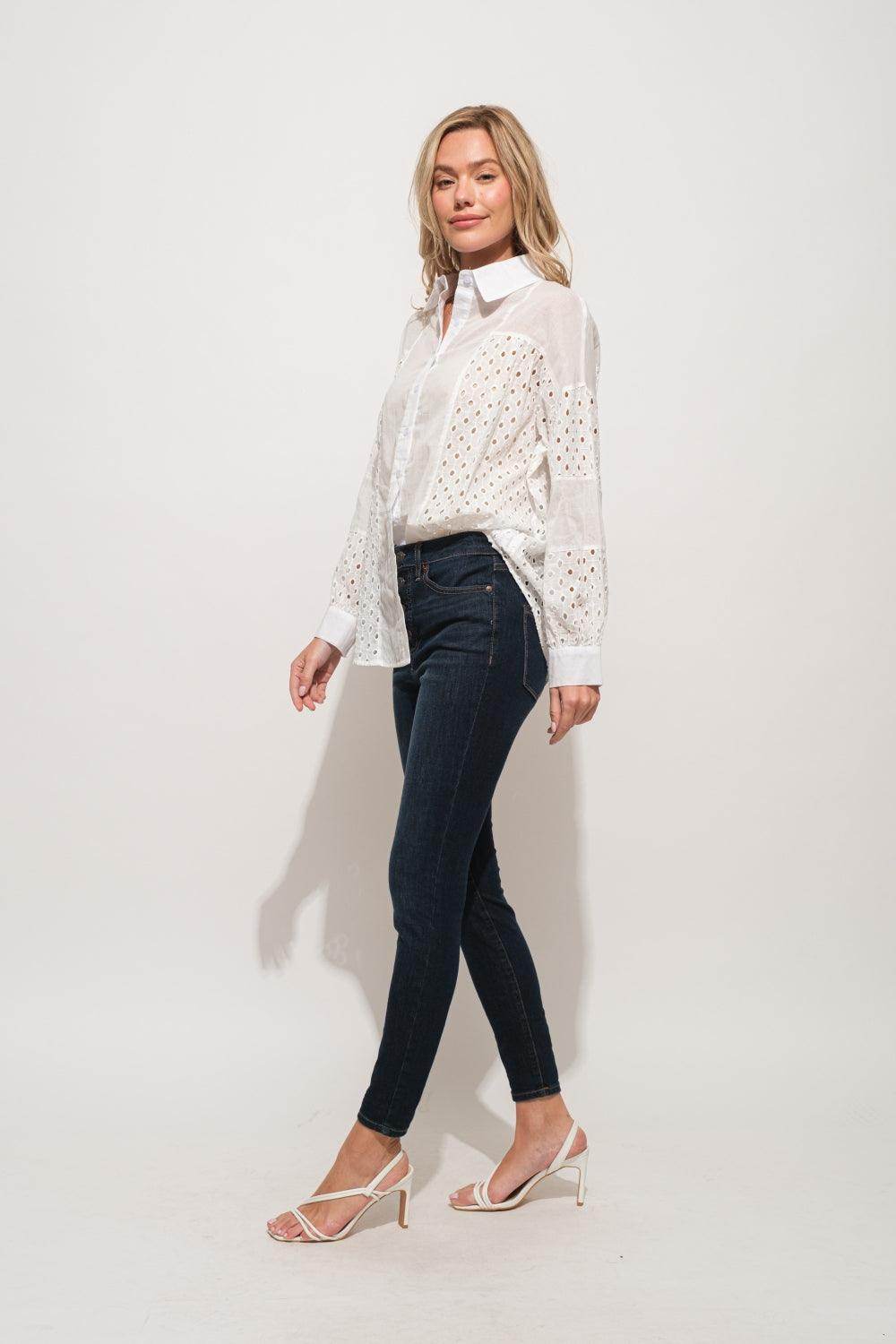 And The Why Eyelet Long Sleeve Button Down Shirt Chic - Selvanelle