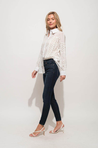 And The Why Eyelet Long Sleeve Button Down Shirt Chic - Selvanelle