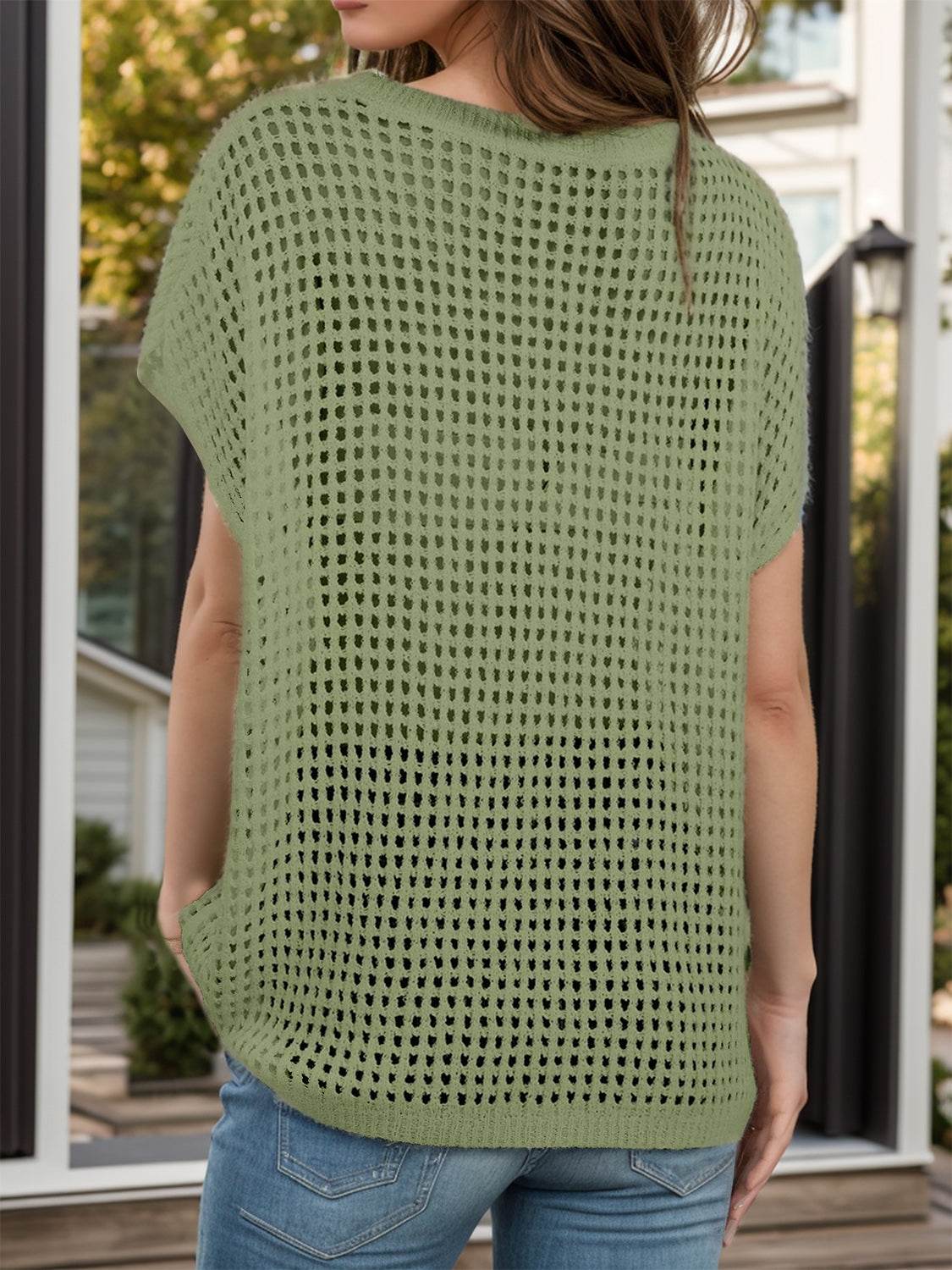 Openwork Round Neck Short Sleeve Cover-Up - Selvanelle