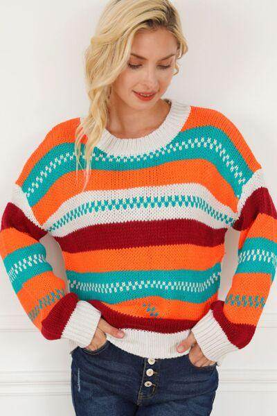 Contrast Striped Round Neck Long Sleeve Sweater for Women - Selvanelle